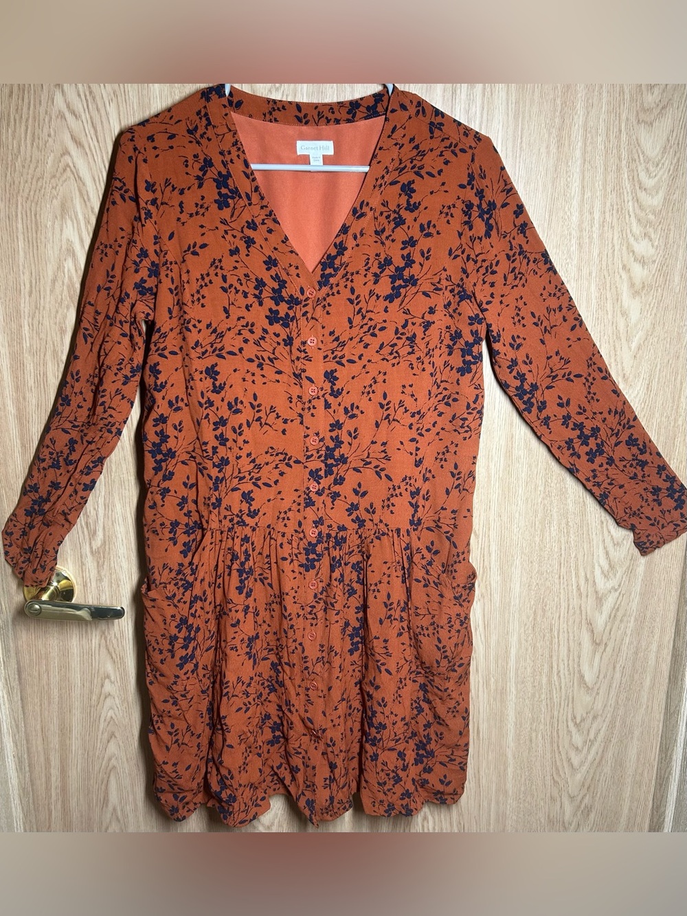Garnet Hill Size 6 Drop Waist Boho Burnt Orange Navy Blue Floral Print Dress
